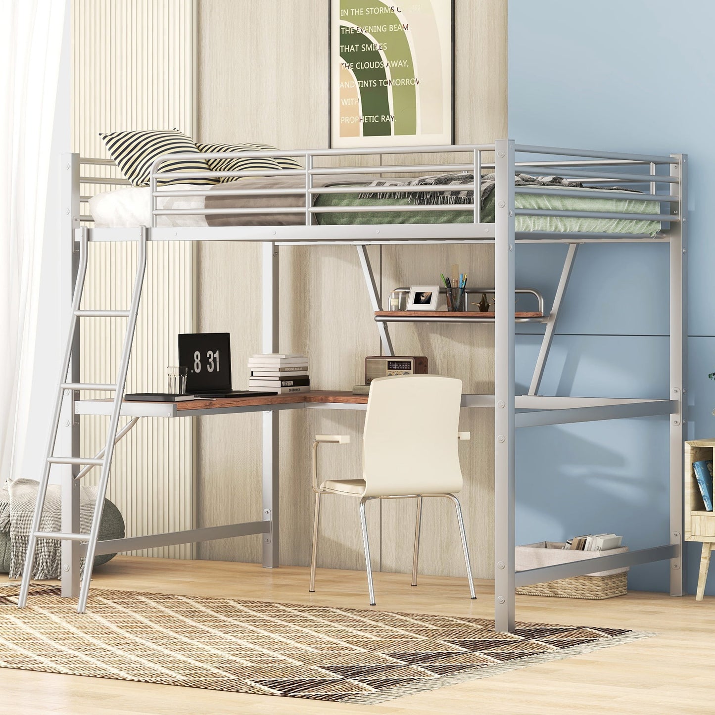 Full Loft Bed with Desk for Teens Kids, Bunk Bed with Desk, Handrail Stairs, Full-Guardrails, Loft Bed Frame with Storage Shelf, Metal
