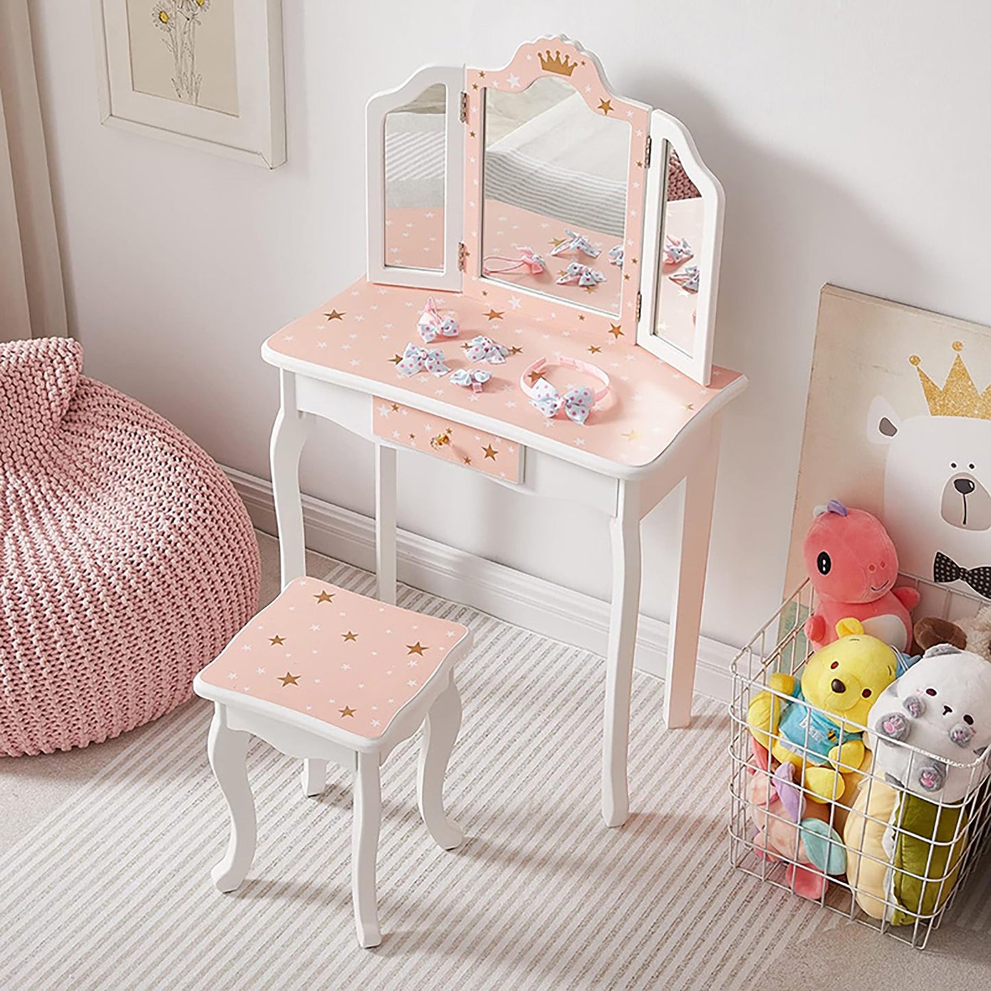 Kids Makeup Vanity Set with Detachable Tri-Folding Mirror, Wooden Princess Kid Vanity Set with Drawer, Kids Vanity Table and Chair Set with Anti-Tip Device, Little Girls Vanity Set, Pink