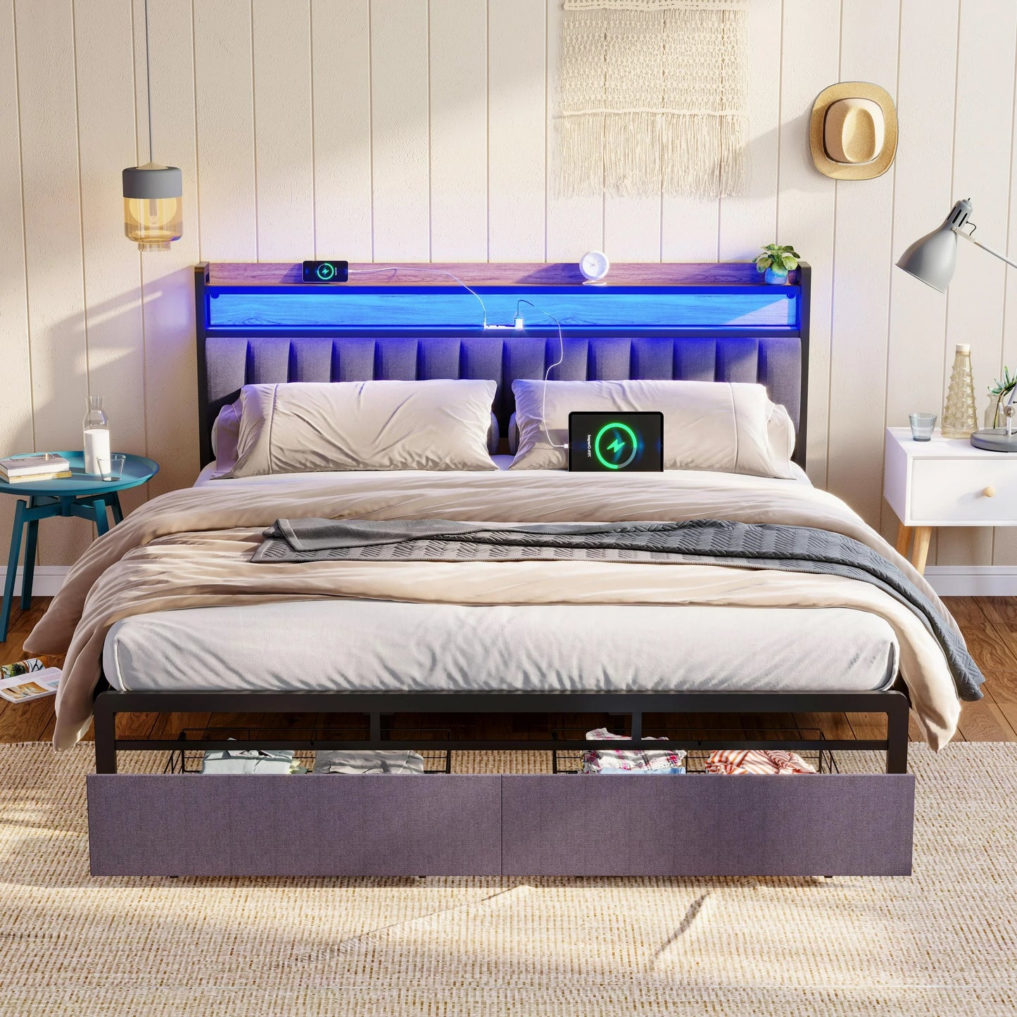 LED Bed Frame King Size with USB Ports and 2 Outlets, Platform Metal Bed Frame with 2 Storage Drawers and Headboard, No Box Spring Needed, Noise-Free, King Bed