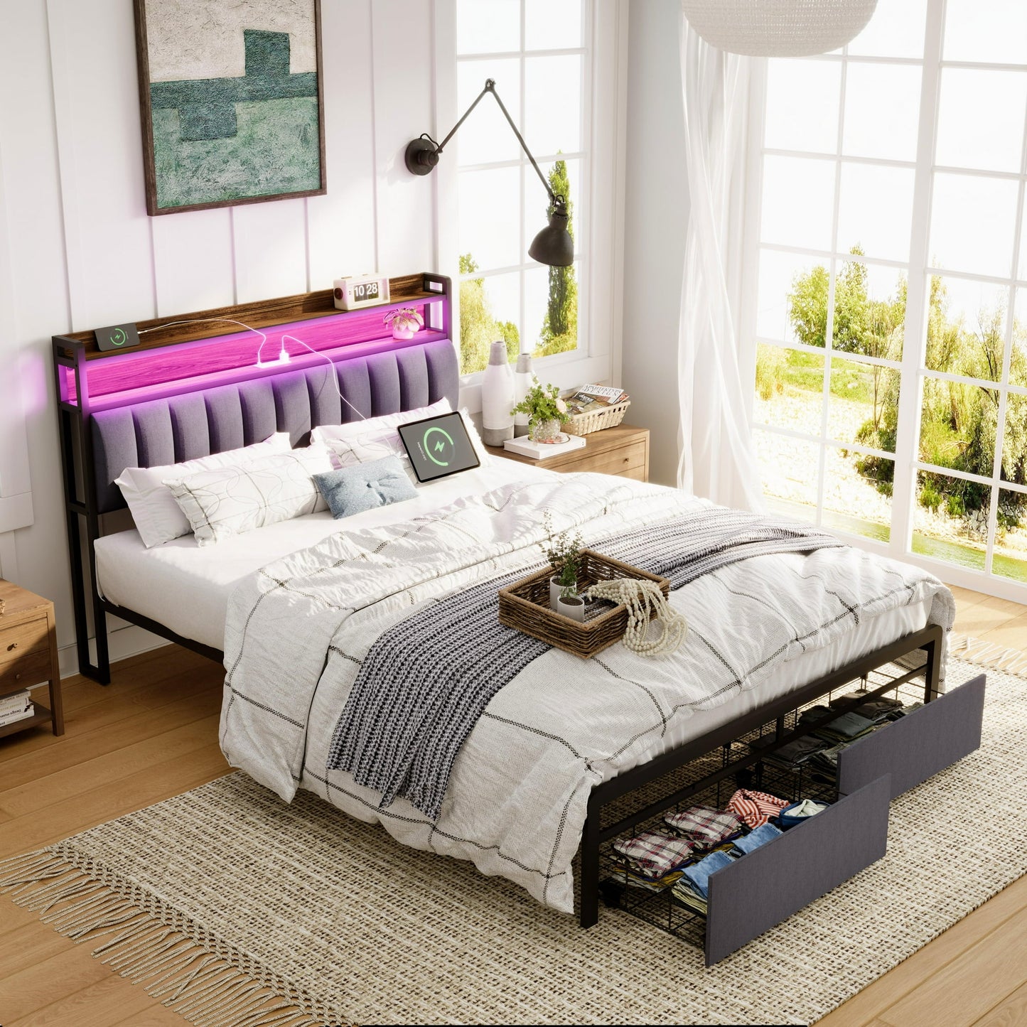 LED Bed Frame Queen Size with USB Ports and 2 Outlets, Platform Metal Bed Frame with 2 Storage Drawers and Headboard, No Box Spring Needed, Noise-Free, Queen Bed