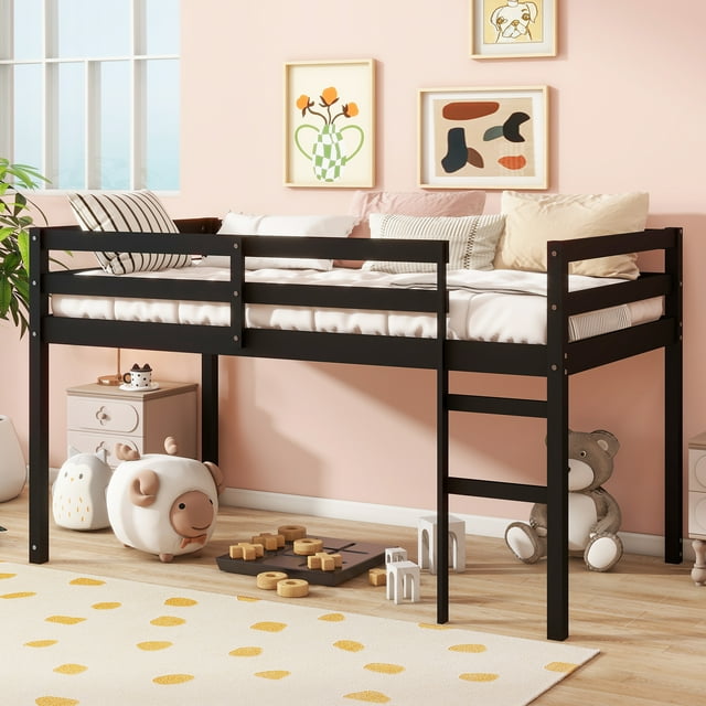 Low Loft Bed Twin Size, Kids Solid Wood Modern Loft Bed Frame with Ladder and Safety Guardrail for Girls Boys, Noise-Free, Non-Toxic Finishes, Space-Saving, No Box Spring Needed,Black