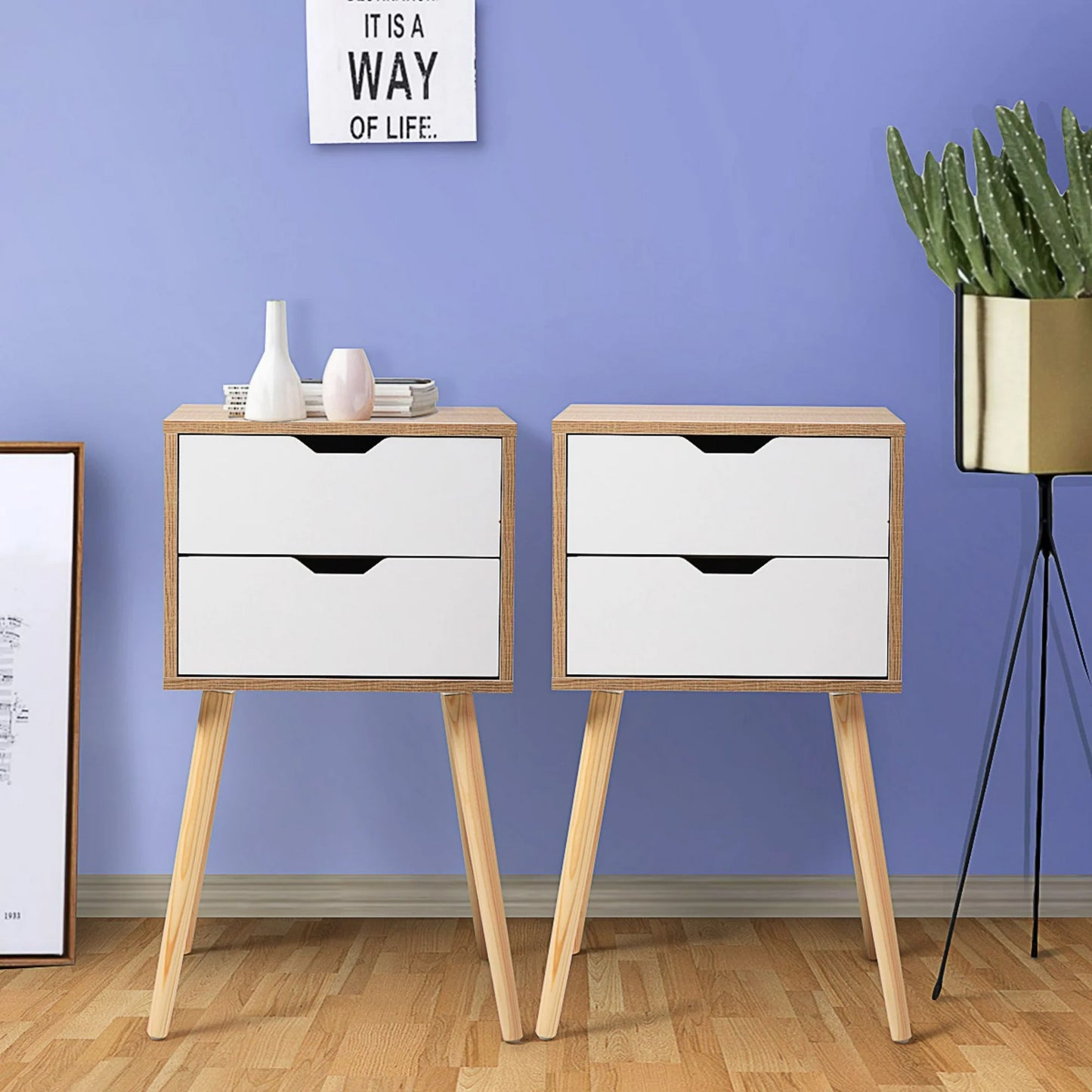 Nightstand Set of 2 with Deep Drawers and Solid Splayed Legs, Wooden Modern Bedside Table End Table Side Table with Cut-out Handles and EVA Foot Pads for Bedroom Living Room Furniture, White