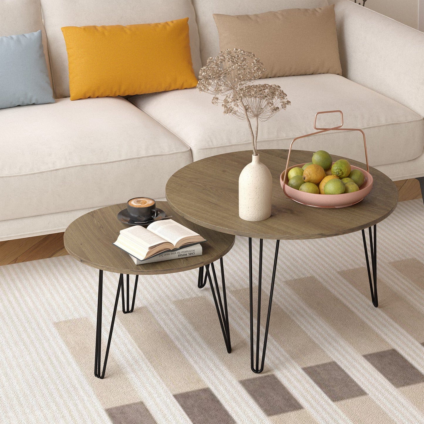 27.56'' Coffee Table Sets 2 Pieces, Wood Round Nesting Coffee Table Set, Modern Coffee and End Table Set with Sturdy Metal Base, Center Cocktail Table Sofa Side Tables for Living room