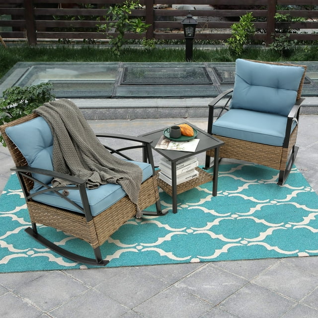 Patio Furniture Set, Patio Outdoor Rocking Chairs Set, Wicker Patio Conversation Chairs and Coffe Table with 4 Cushions for Porch, Yard, Lawn, Poolside, Balcony, 3Pcs, Blue