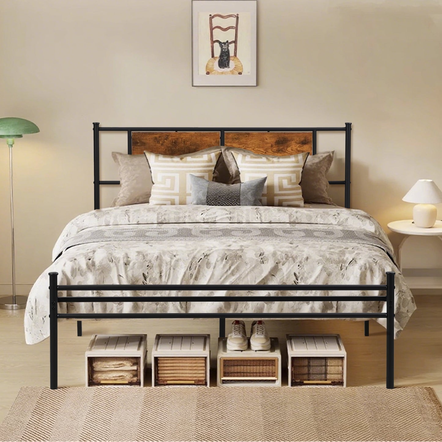 Full Size Bed Frame with Headboard, Heavy-Duty Platform with Steel Slats Support, No Box Spring Needed/Easy Assembly, Matte Black & Brown