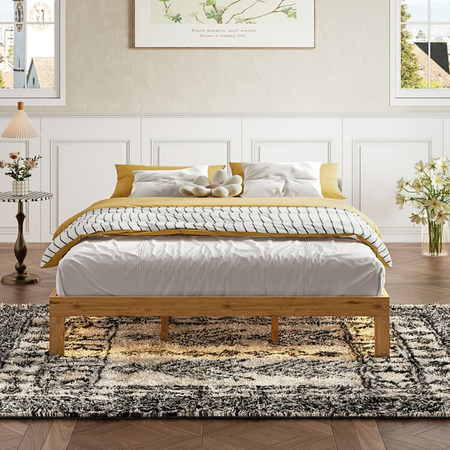 Queen Size Platform Bed Frame, 12 Inch Bed Frame with USB Charging Station, Smart Remote & AC Outlets, Solid Wood Slat Support, No Box Spring Needed, Easy Assembly, Rustic Pine Bed