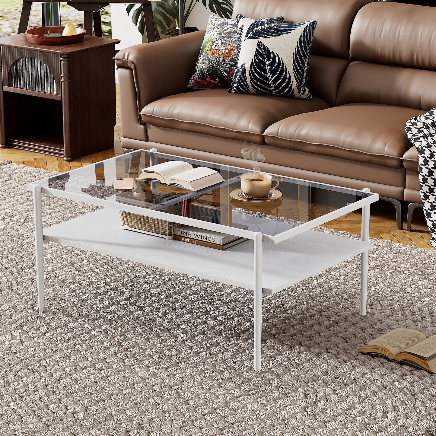 Rectangle Glass Coffee Table with Double Layer Storage Center, Modern Small Clear Coffee Table Tea Table Cocktail Table with Black Sturdy Metal Legs for Living Room Home Office, Gray Tempered Glass