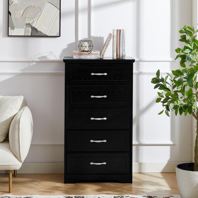 Tall Vertical Dressers for Bedroom with 5 Drawers, Modern Wooden Chest of Drawers with Large Storage Unit, Dresser for Clothes with Metal Pulls for Living Room Entry Hallway Furniture, Black