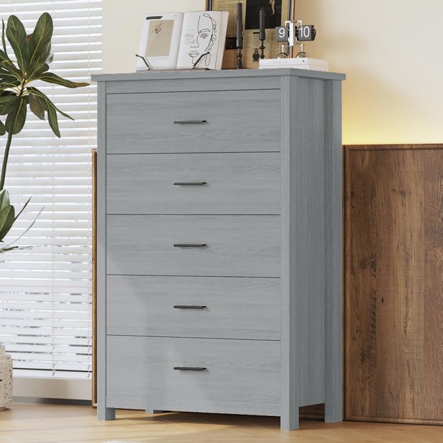 Tall Vertical Dressers for Bedroom with 5 Drawers, Modern Wooden Chest of Drawers with Large Storage Unit, Retro Dresser for Clothes with Metal Pulls for Living Room Entry Hallway Furniture, Gray