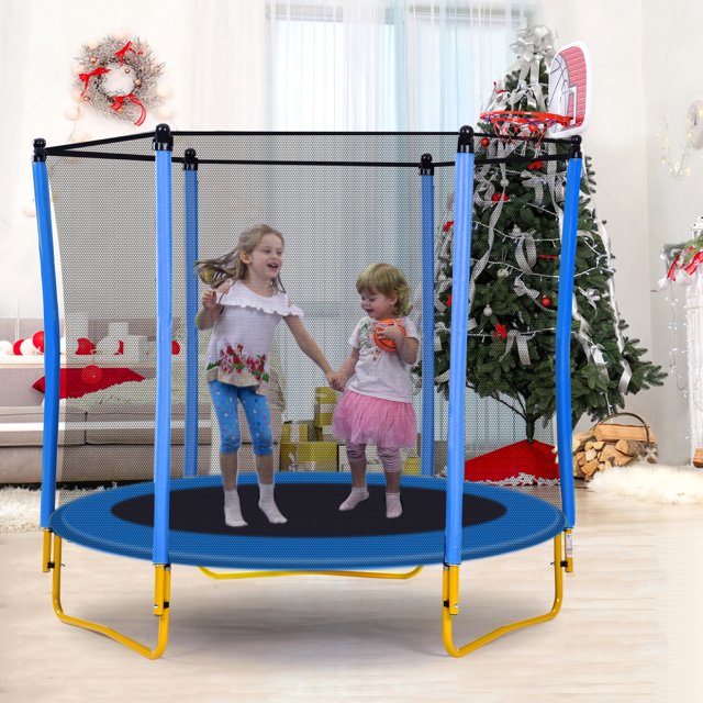 Trampoline for Kids, 65" Toddler Mini Trampoline with Enclosure Net, 5.5FT Indoor/Outdoor Kids Trampoline with Basketball Hoop/Basketball for Boys Girls Age 1-8, Yellow