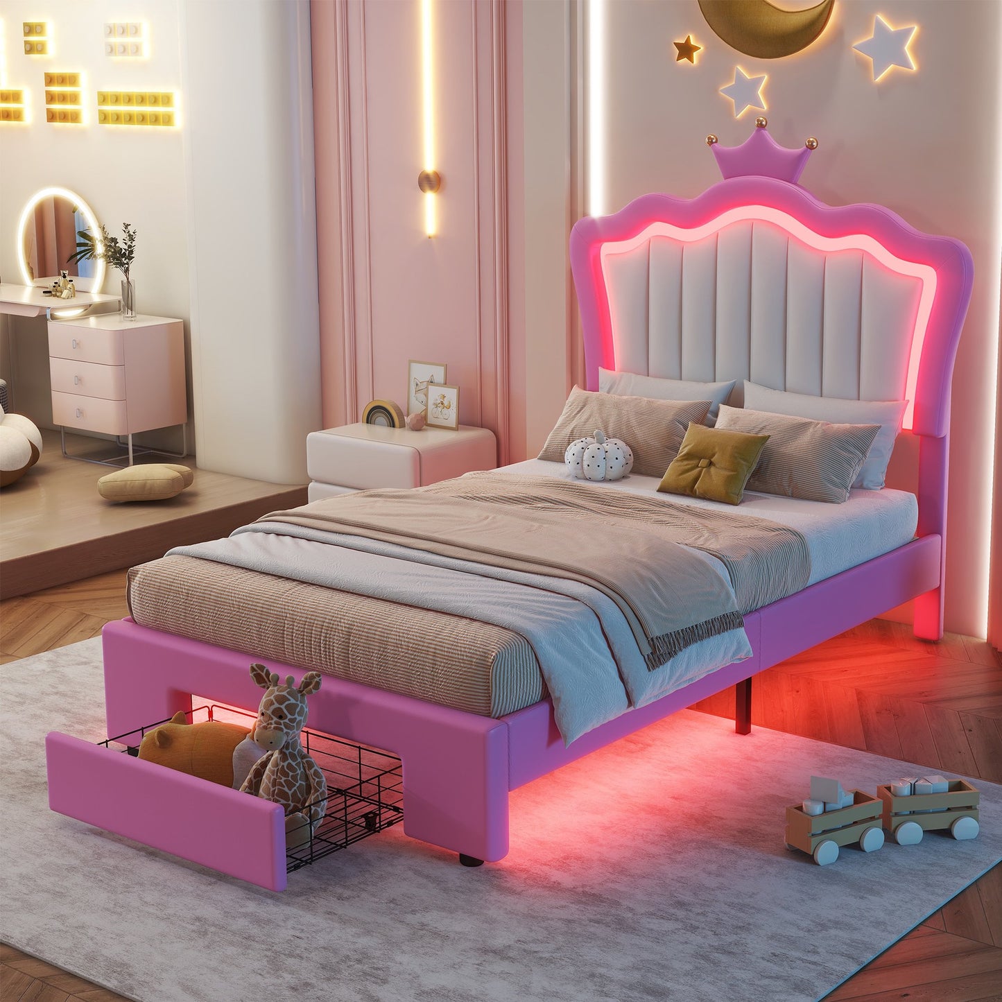 Full Size Bed Frame with Crown Headboard, Platform Bed Frame with Adjustable LED Lights, Noise Free, No Box Spring Needed, Easy Assembly, Modern Princess Upholstered Bed Frame for Girls, Pink&White