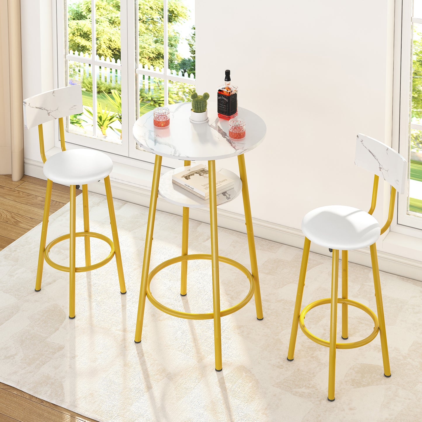 Dining Table Set for 2, Bar Table and Chairs Set, Waterproof Bistro Table with Storage, 14.17" PU Leather Chairs with Footrest Circle, for Small Space, Kitchen, Living Room, White