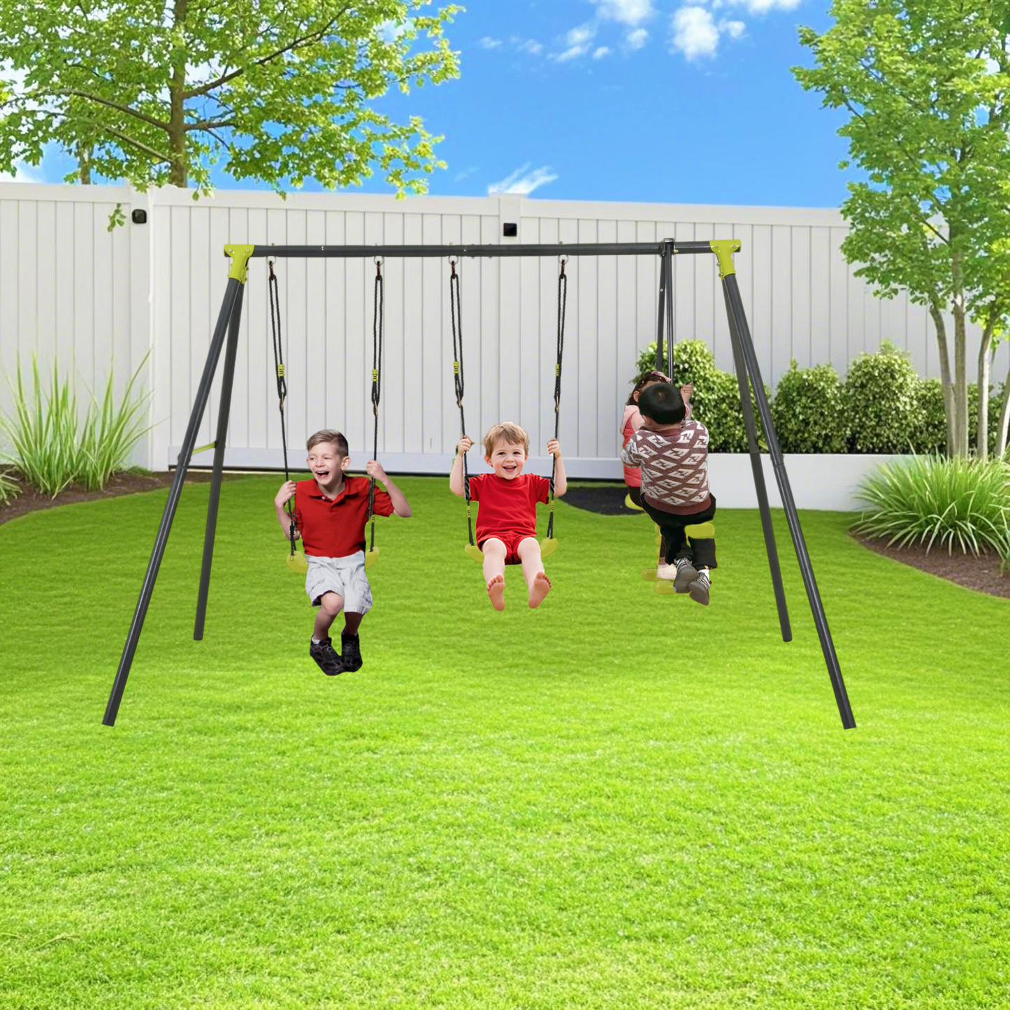 CASEMIOL 440lbs 3 Seat Swing Sets for Backyard, 2 Curved Swings and 1 Face-to-Face Swing for Ages 3+, Heavy Duty Metal Swing Set for Playground, Black and Green Outdoor Playset