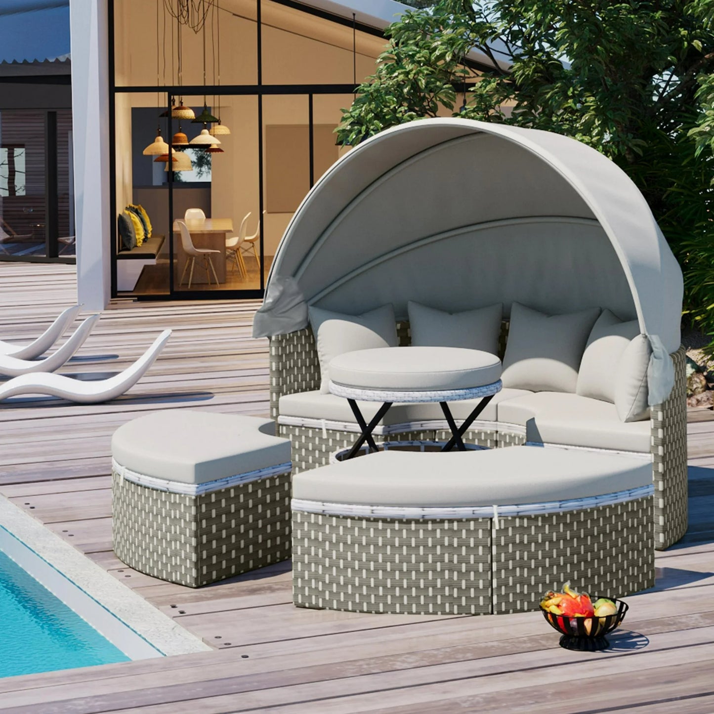 Outdoor Sectional Round Patio Daybed with Retractable Canopy, Sunbed Patio Bed with Cushions and Separate Seating, Wicker Rattan Patio Conversation Sets 4 Pieces for Backyard Porch Lawn, Beige