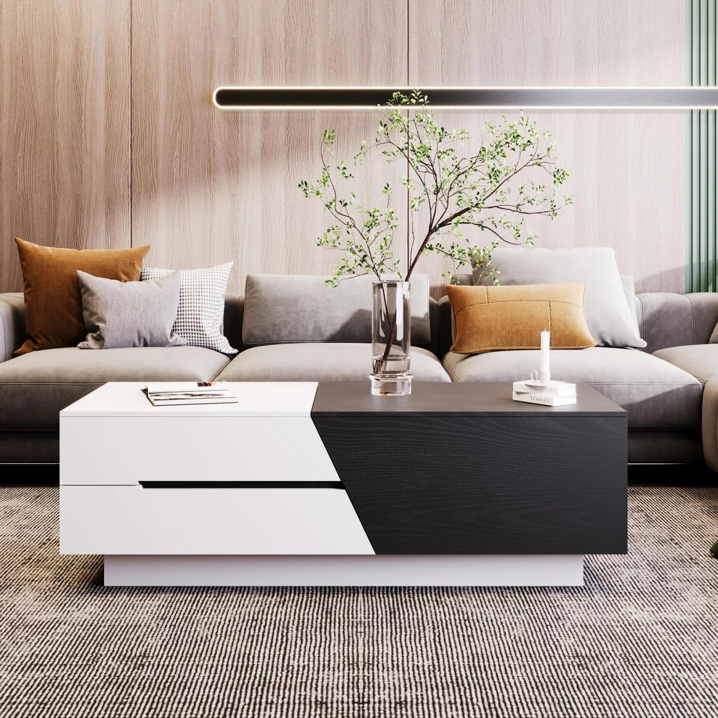 Coffee Table with Hidden Storage Compartments, Modern Living Room Table with Extendable Sliding Top, Rectangle Wood Center Table for Home Office Small Space, White&Brown