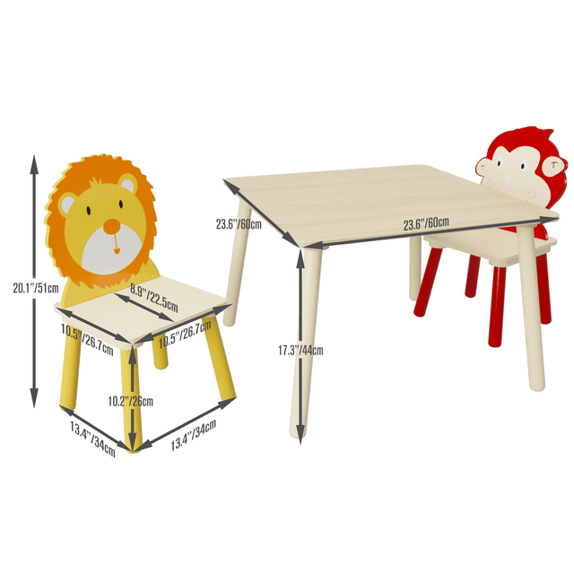 CASEMIOL Kids Table and Chairs Set, 2 Toddler Chairs with 1 Table for Boys Girls Kids 2-6, Cartoon Chairs for Children Play Room Dining Room Bedroom Furniture, 3 PCS, Wood, (Lion/Monkey Chairs)