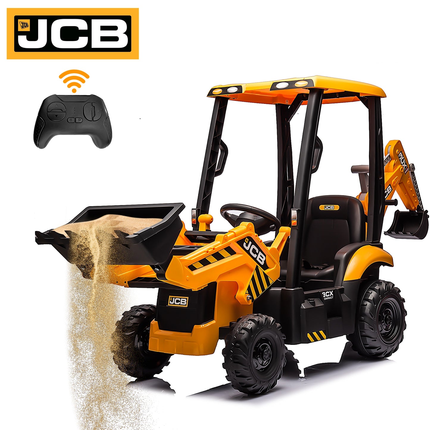 CASEMIOL 12V Kids Ride on Excavator & Bulldozer with Remote Control, Licensed JCB 3-in-1 Electric Car with Loader Backhoe Digger, Battery Powered Ride on Toy for Boys & Girls, Music Player, Yellow