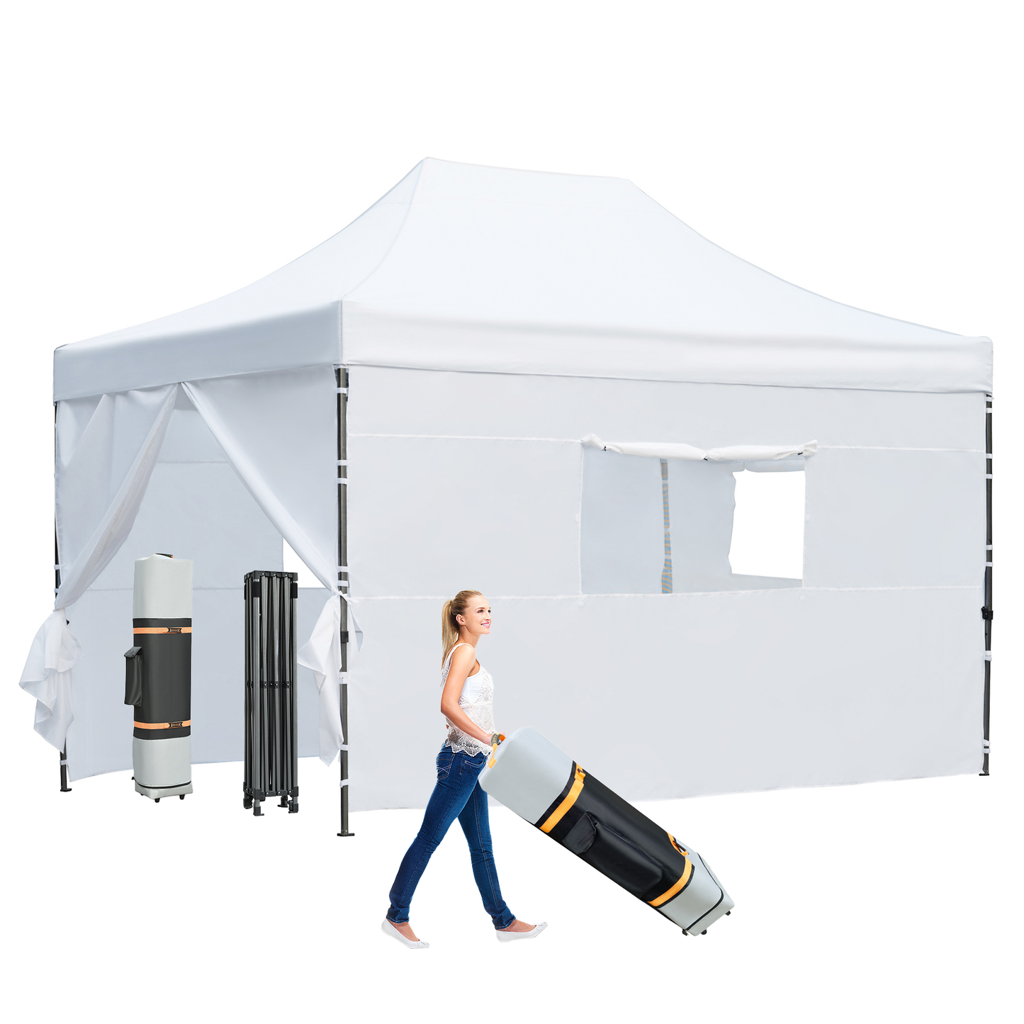 10x15 Pop Up Canopy Tent with 4 Sidewalls, Outdoor Heavy Duty Canopy Tent with Wheeled carry bag, 3 Height Adjustable, Easy Assembly for Weddings, Events and Beach, White