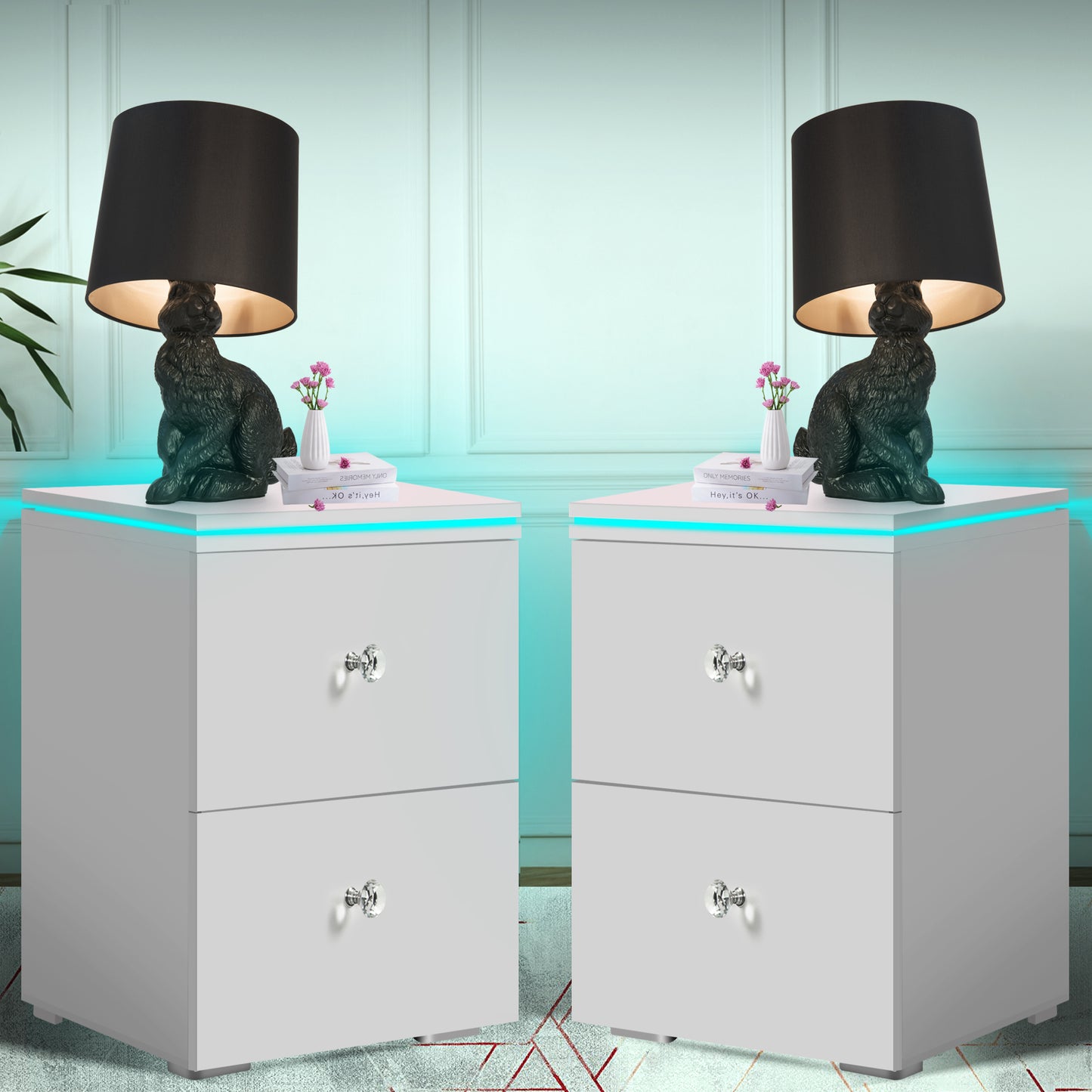 2 Set of Nightstands for Living Room, CASEMIOL Bedside End Table with LED Lights, Storage Side Table with 2 Drawers, High Gloss Wooden Sofa Side Table for Modern Bedroom, Black