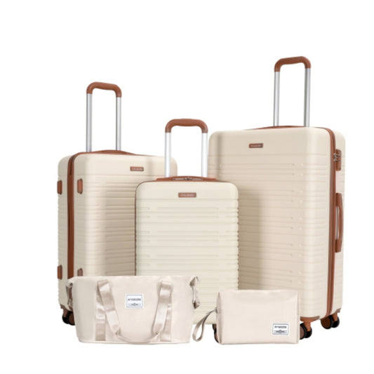 CASEMIOL 5 Pieces Luggage Sets for Travel, Large Suitcases with Double Spinner Wheels, ABS Hardshell Lightweight Suitcase with TSA Lock, Maletas De Viaje Para 50 Libras, Travel Duffel Bag, Beige