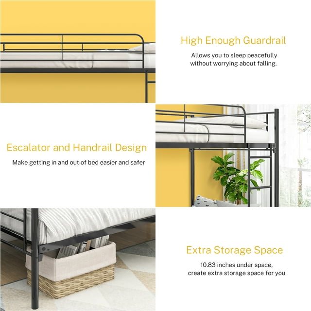 CASEMIOL Twin over Twin Bunk Bed, Heavy Duty Twin Size Metal Bunk Bed Frame with Guardrail and Ladder, Space Saving Design, Noise Free, No Box Spring Needed, Black
