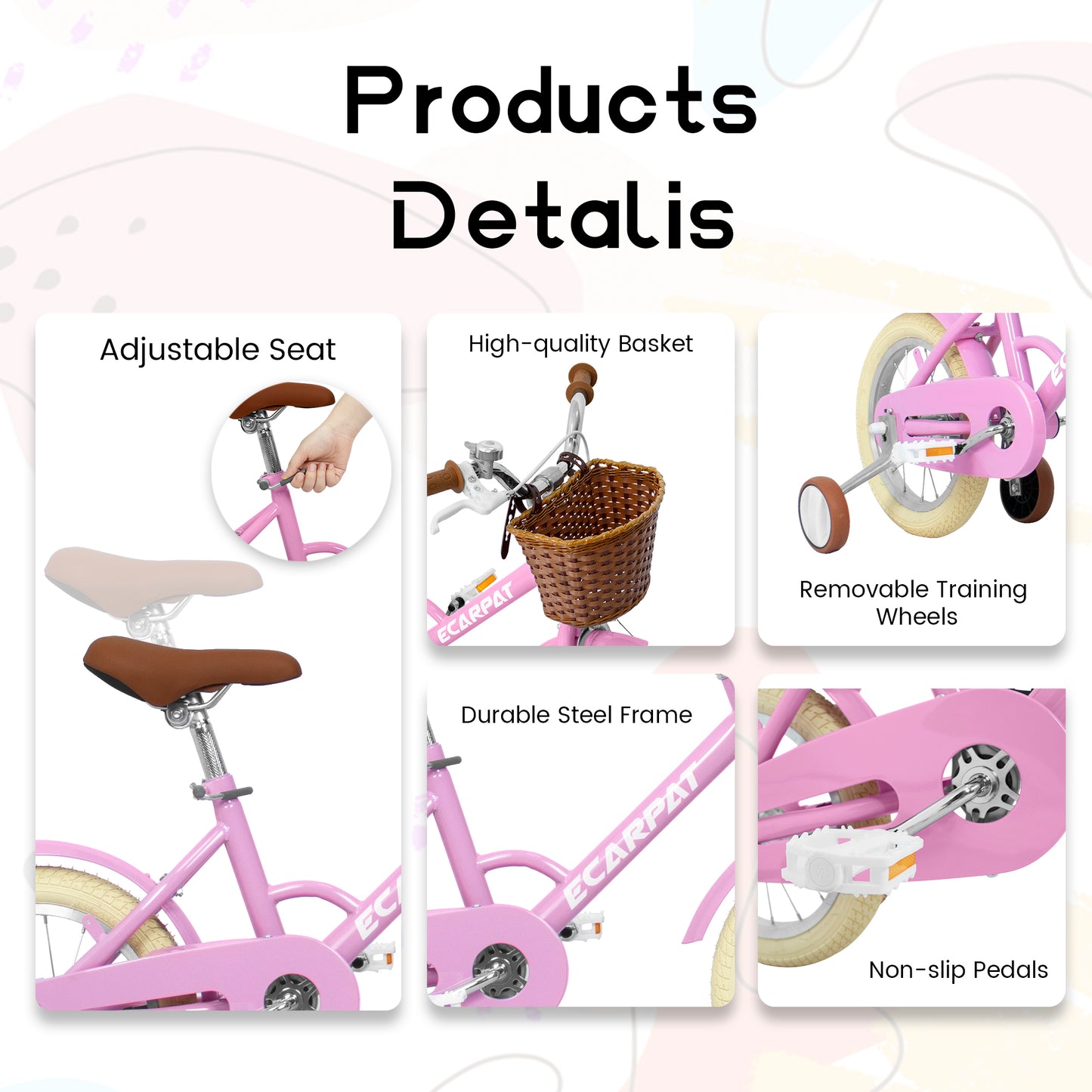 CASEMIOL 14in Kids' Bike for Girls, Kids' Bicycles with Removable Training Wheels, Toddler Bike with Basket, Toddler Balance Bicycle for Ages 2-4, Pink