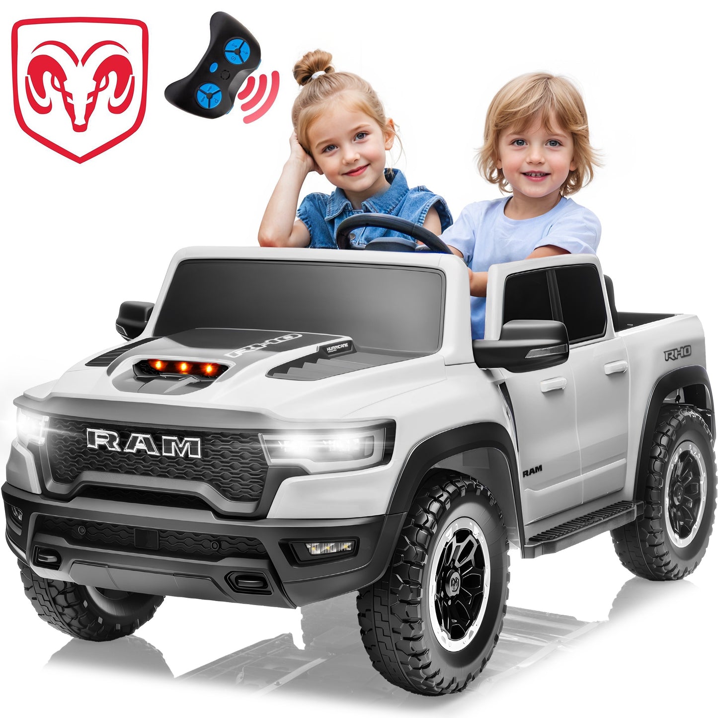 RAM 1500 RHO 2-Seater 24V Big Kids Ride on Truck Car with Remote Control, Battery Powered Toys w/ Spring Suspension for Kids Girl, Power Electric Vehicles, Bluetooth, LED, Gift for Chirstmas