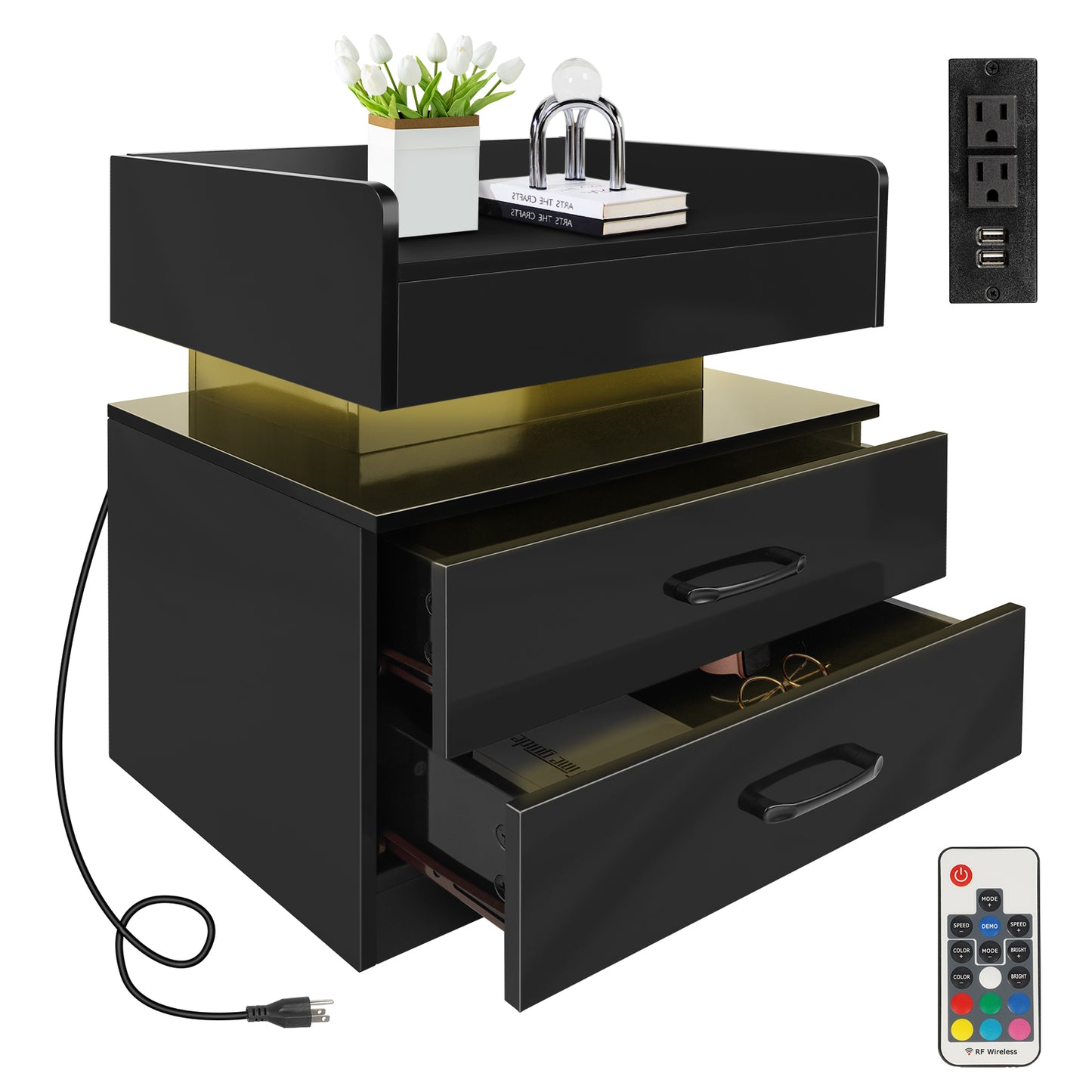 Nightstand with Drawers, Modern Night Stand with Adjustable LED Strip Light, Bedside Table with Charging Station, Nightstands, Simple Assembly, End Tables for Bedroom, Living Room, Office