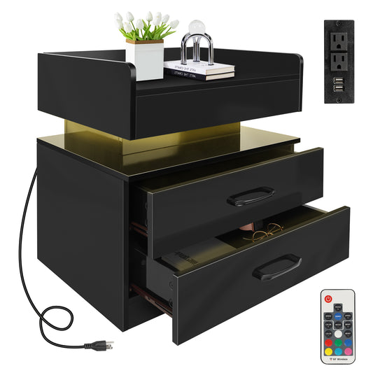 Nightstand with Drawers, Modern Night Stand with Adjustable LED Strip Light, Bedside Table with Charging Station, Nightstands, Simple Assembly, End Tables for Bedroom, Living Room, Office