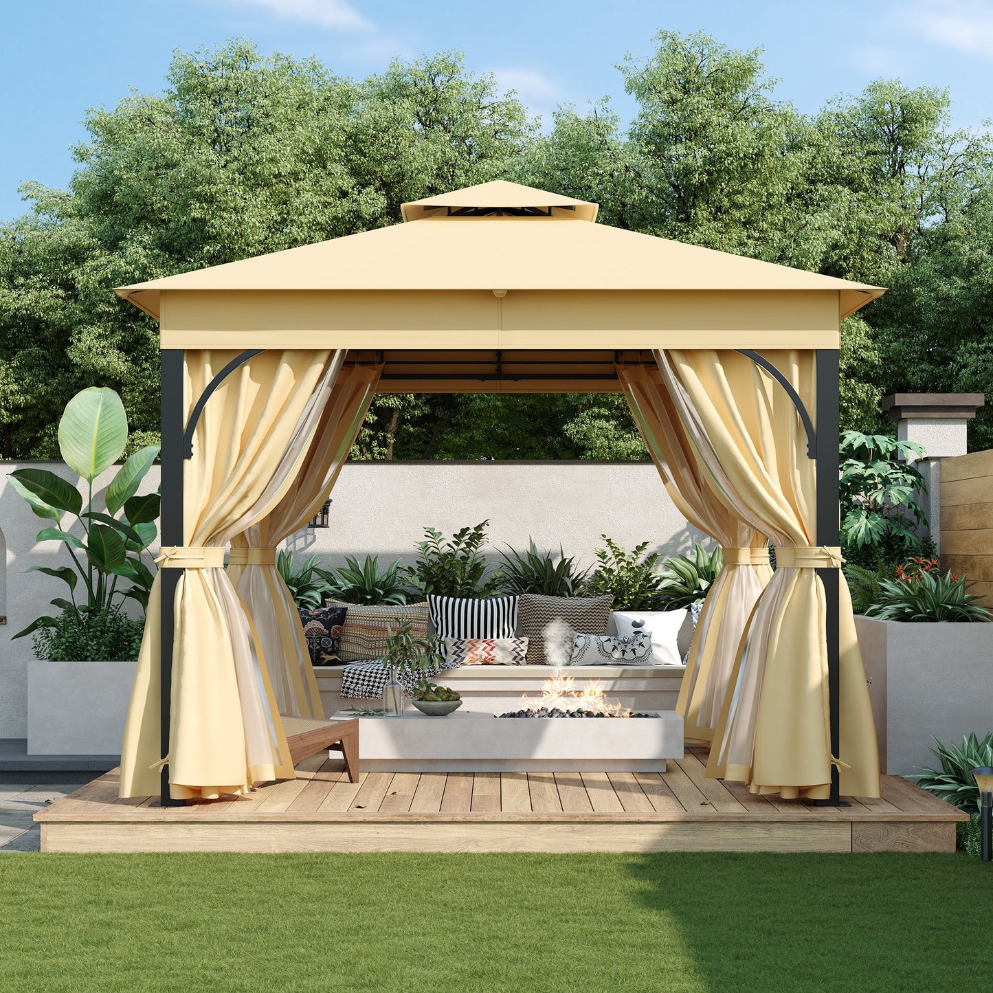 10'x12' Outdoor Gazebo with Netting and Privacy Screens, Metal Waterproof Gazebos with Softtop Roof, Patio Canopy Tent for Backyard Garden