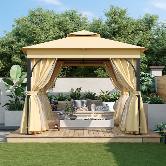 10'x12' Outdoor Gazebo with Netting and Privacy Screens, Metal Waterproof Gazebos with Softtop Roof, Patio Canopy Tent for Backyard Garden