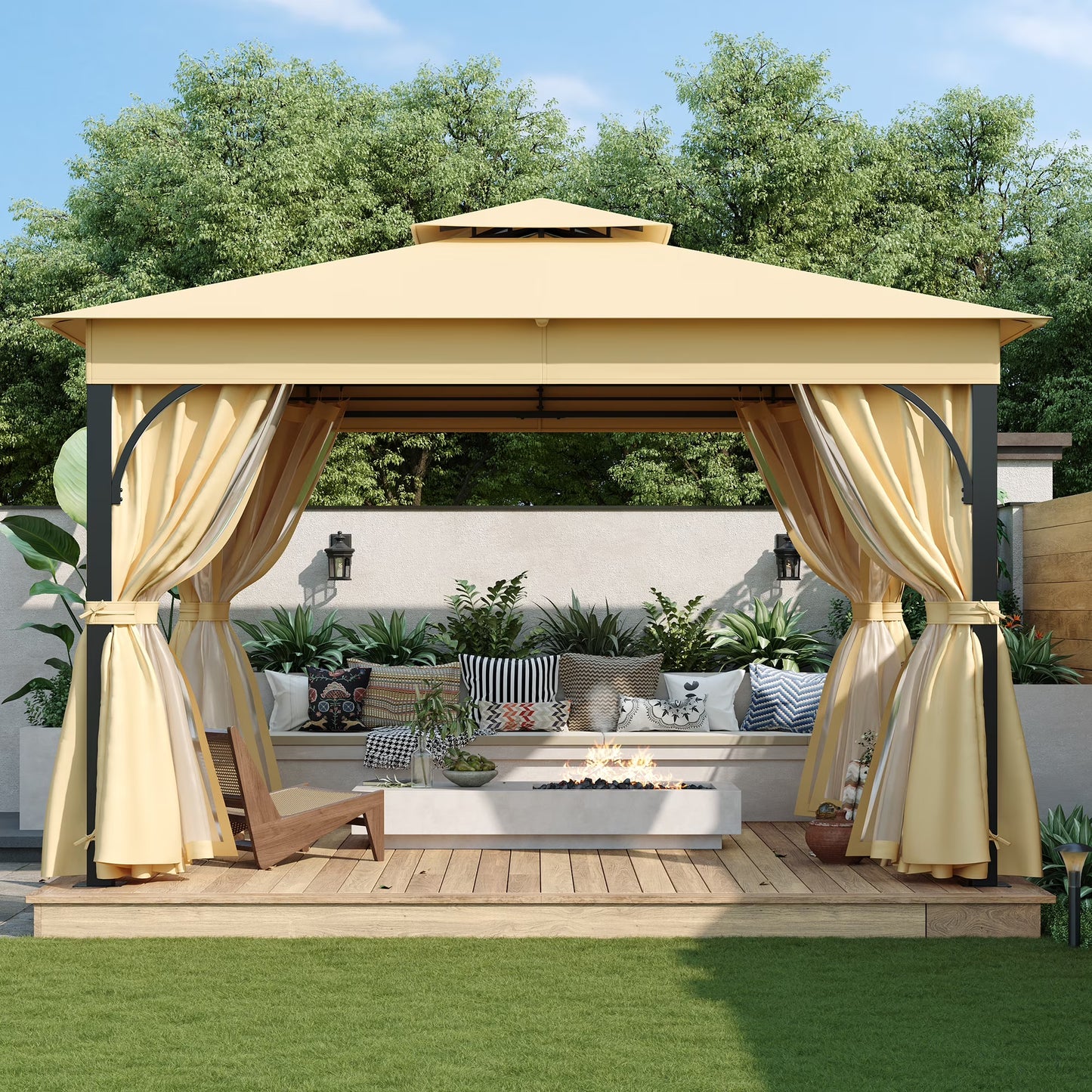 10'x12' Outdoor Gazebo with Netting and Privacy Screens, Metal Waterproof Gazebos with Softtop Roof, Patio Canopy Tent for Backyard Garden