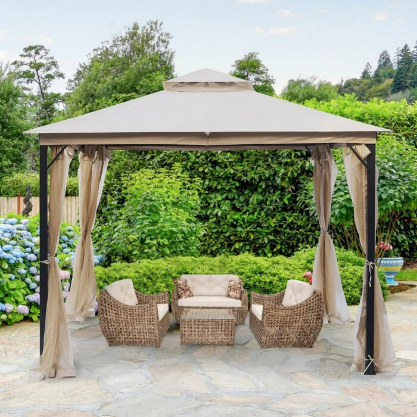 10'x10' Patio Gazebo with Mosquito Netting and Curtains, Outdoor Double Soft Roof Gazebo with Rust-Resistant Metal Frame, Waterproof and UV Protection, Gazebo Canopy for Backyard Garden Lawn, Beige