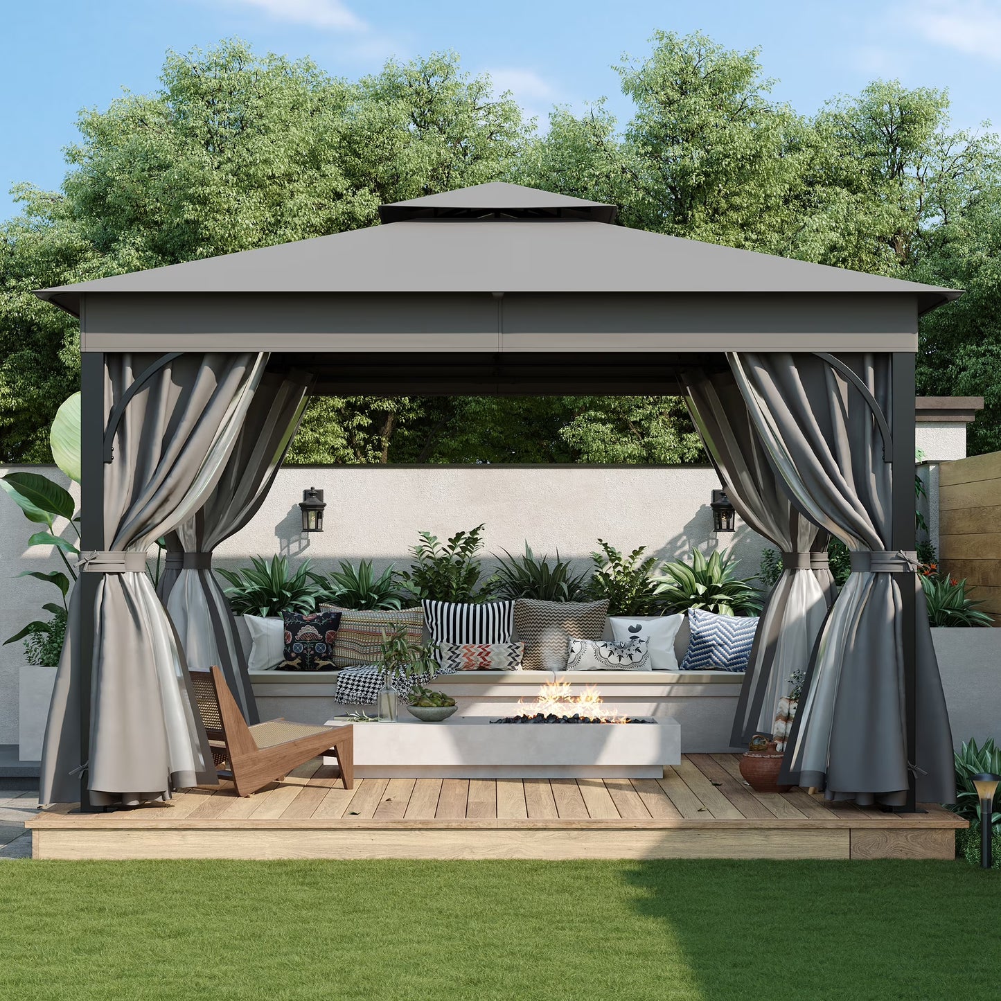 10'x12' Outdoor Gazebo with Netting and Privacy Screens, Metal Waterproof Gazebos with Softtop Roof, Patio Canopy Tent for Backyard Garden