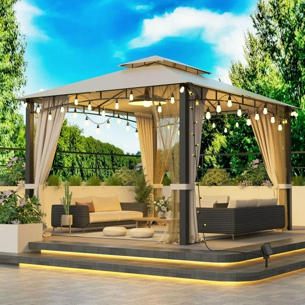 10'x12' Patio Gazebo with Mosquito Net and Sunshade Curtains, Outdoor Waterproof Gazebo Canopy with Double Softtop Roof, Winter-Proof and Rust-Resistant, Metal Gazebo for Backyard Garden, Beige