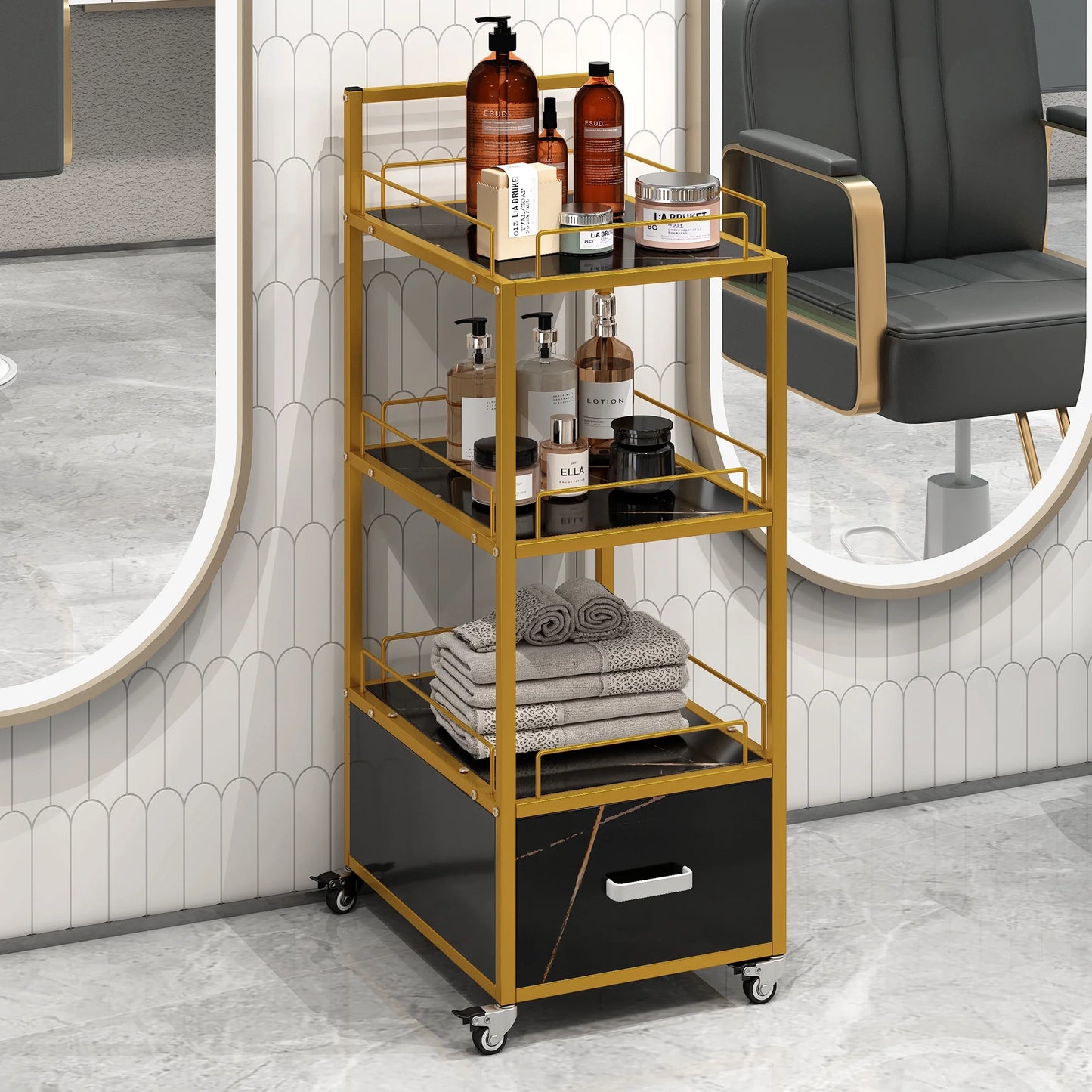 Beauty Salon Rolling Cart with 1 Drawer and 3 Open Shelves, Carts with 360° Swivel & Lockable Rolling Wheels, Utility Cart with Marble Board, Anti-Corrosion, Storage Cart for Bathroom