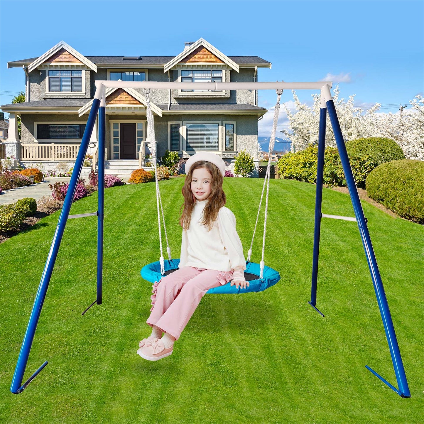 32" Kids Swing Set for Outside, Metal Swing Set with Stable A-Frame, 440 lbs Weight Capacity, Toddler Swing Set with 2 Swings, Flying Saucer Tree Swing set with Adjustable Rope for Backyard, Blue