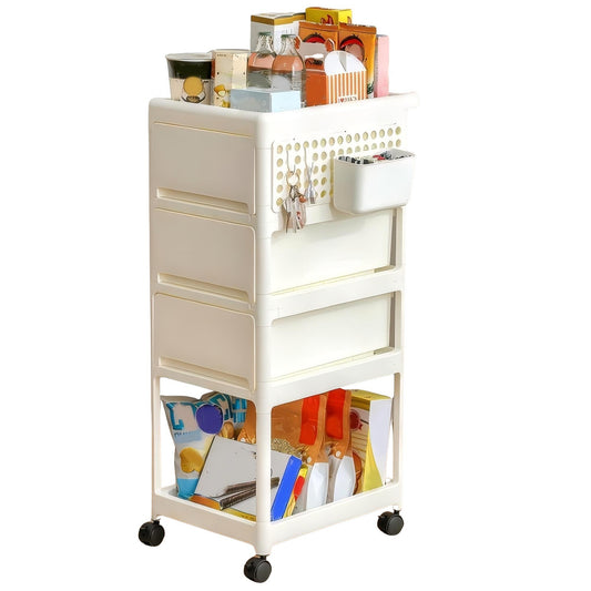 Rolling Cart with Drawers, Carts with 360° Swivel & Lockable Rolling Wheels, Utility Cart with 2 Hanging Boxes, Can Put Snacks, Tools, Pet Supplies, Storage Cart for Living Room, Restroom, White