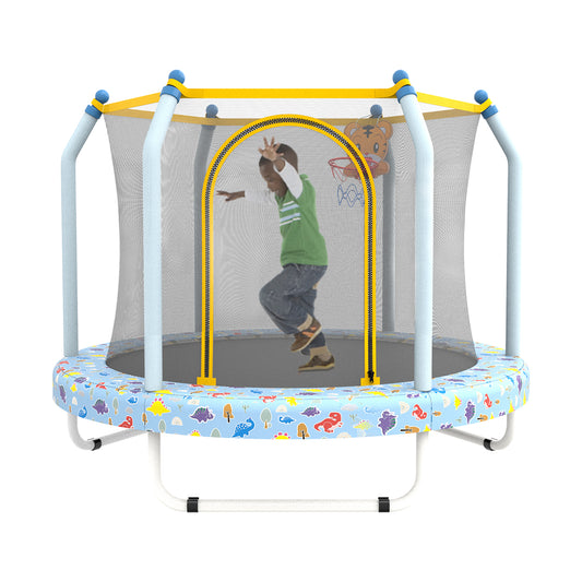 55" Toddler Trampoline with Safety Enclosure Net, Trampoline Indoor & Outdoor, Mini Trampoline for kids 1-8 with Basketball Hoop, Ball and Thick Foam Protection, Birthday Gifts for Boys&Girls