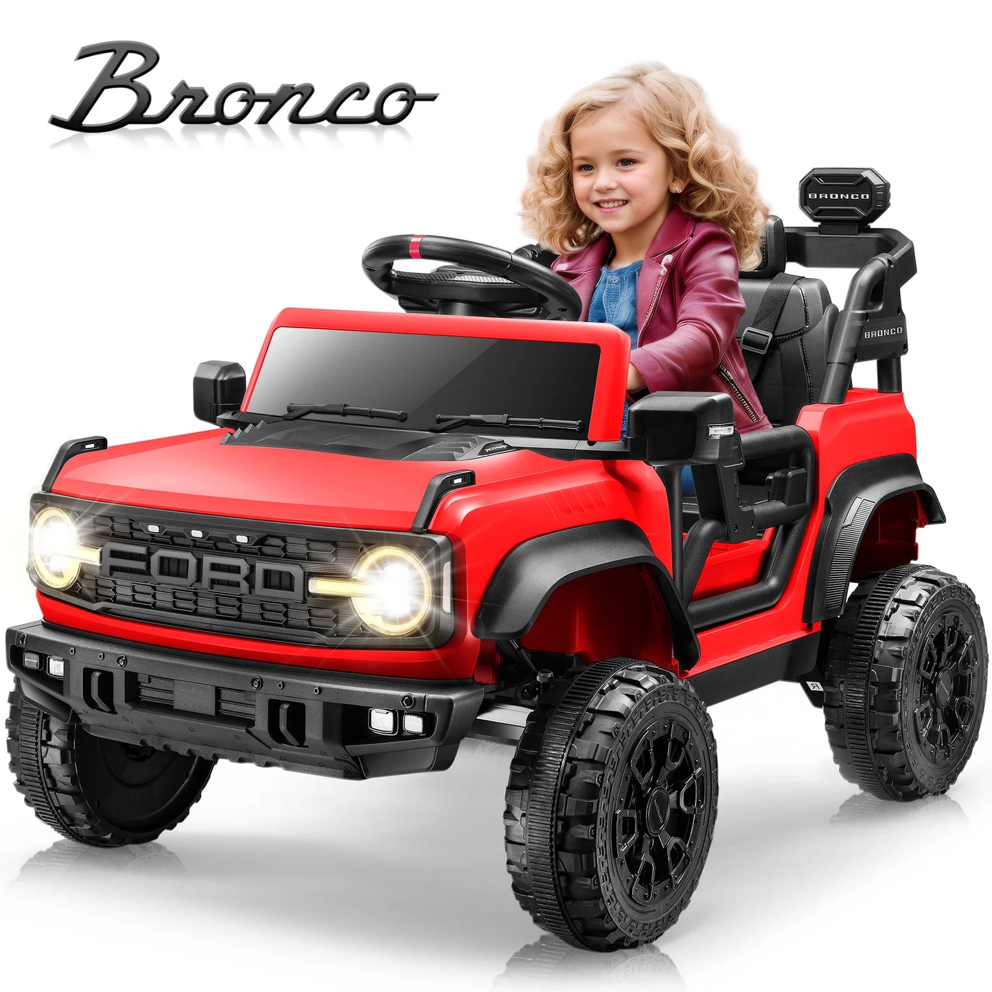 12V Ford Bronco Kids Ride on Cars with Parental Remote, Toddler Electric Ride on Toys Battery Powered with Soft Start, Kids Riding Toys with Headlights/Music/Bluetooth for Boys Girls Aged 3+