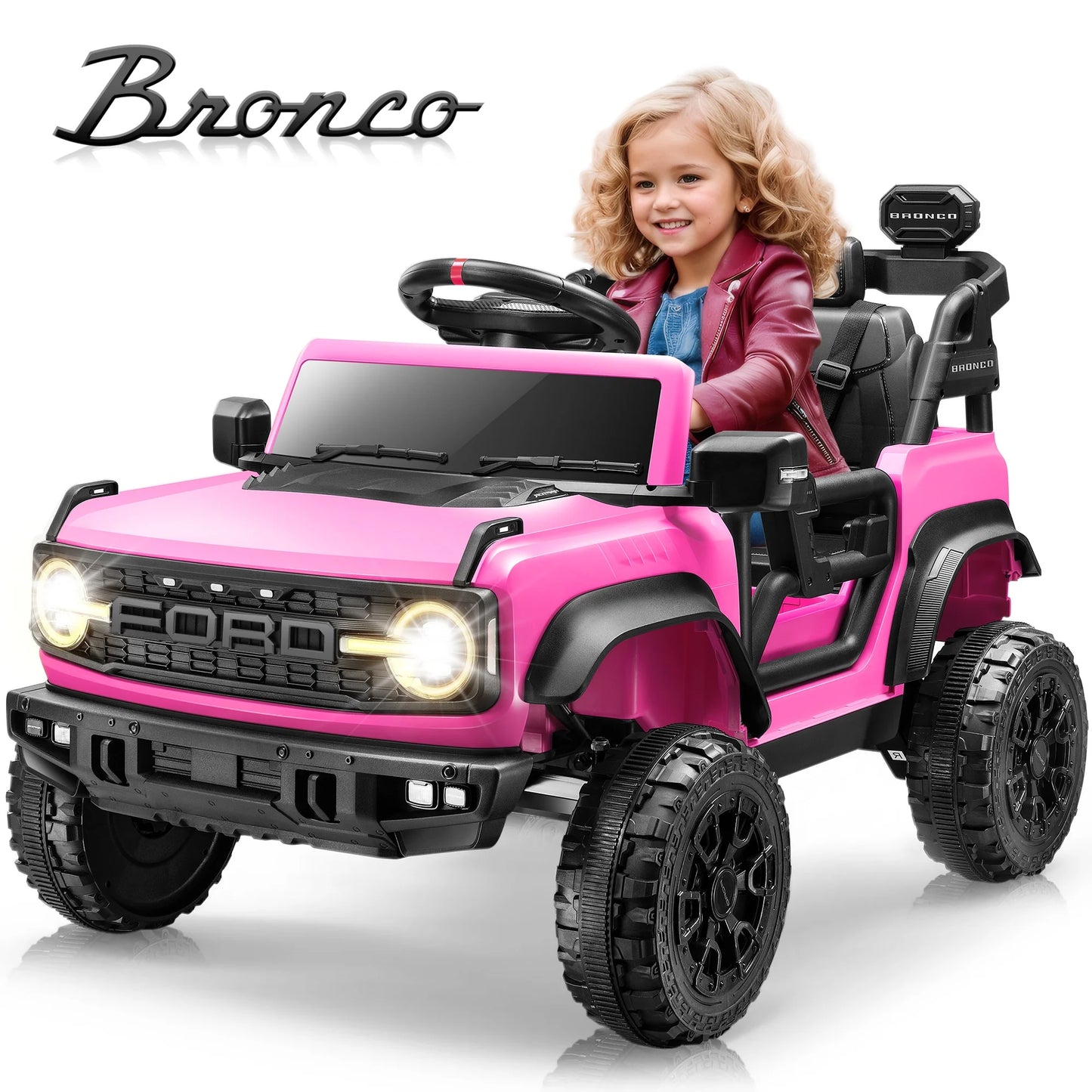 12V Ford Bronco Kids Ride on Cars with Parental Remote, Toddler Electric Ride on Toys Battery Powered with Soft Start, Kids Riding Toys with Headlights/Music/Bluetooth for Boys Girls Aged 3+