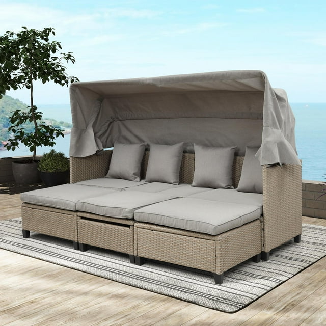 Outdoor Sectional Patio Daybed with Retractable Canopy, Wicker Rattan Patio Sofa Bed with Cushions and Lifting Table, Sunbed Patio Conversation Sets 4 Pieces for Backyard Porch Lawn, Brown