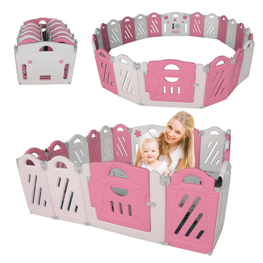 16+2 Panel Foldable Baby Playpen Activity Center, Adjustable Shape Baby Play Pen With Crawling Mat And Functional Playboard, Baby Play Yard With Safety Lock Gate, Pink & White