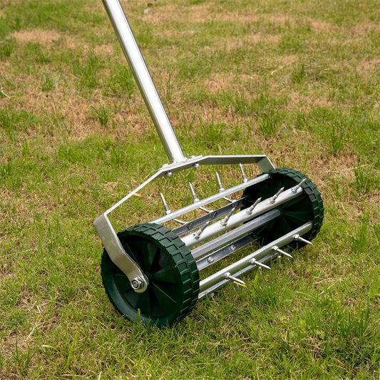 16-inch Manual Lawn Aerators, Rolling Lawn Aerator Tool with 1.4" Spikes, Heavy Duty Steel Manual Yard Aerator Tool, Lawn Aeration Tool with Long Handle, Hand Aerator Lawn Tool for Garden, Silver