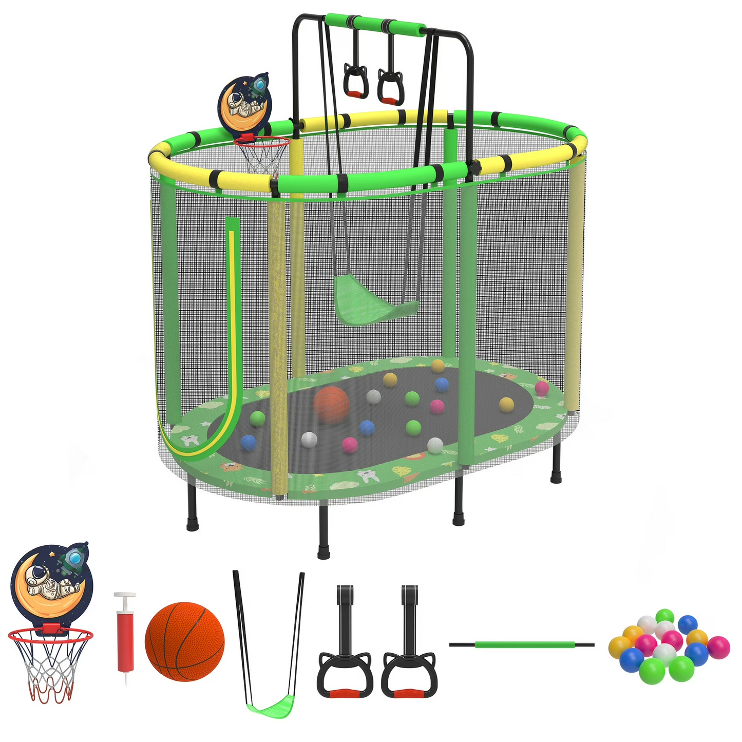 60" Mini Toddler Trampoline with Safety Enclosure Net, CASEMIOL Small Trampoline with Basketball Hoop, Swing and Rings Indoor Outdoor, Kids Recreational Trampoline with No-Gap Design, Green