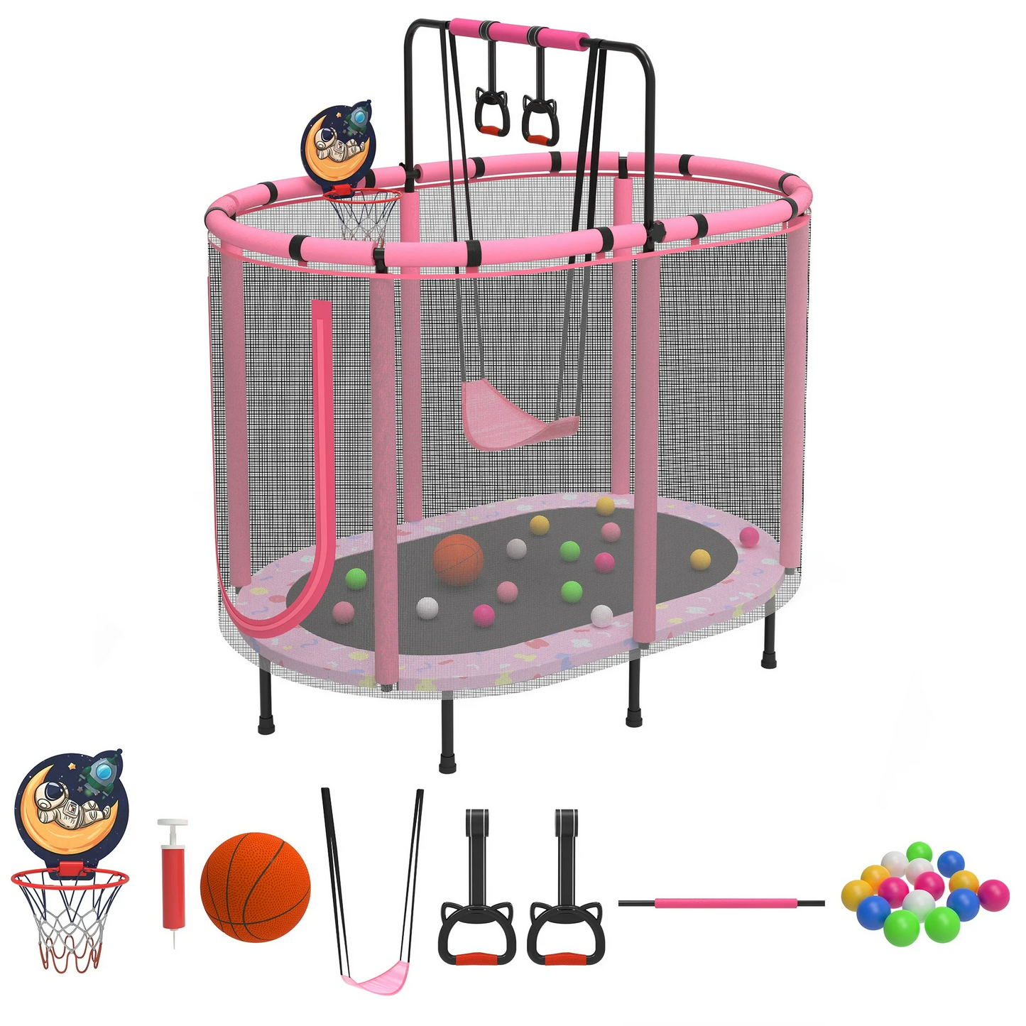 60" Mini Toddler Trampoline with Safety Enclosure Net, CASEMIOL Small Trampoline with Basketball Hoop, Swing and Rings Indoor Outdoor, Kids Recreational Trampoline with No-Gap Design, Green