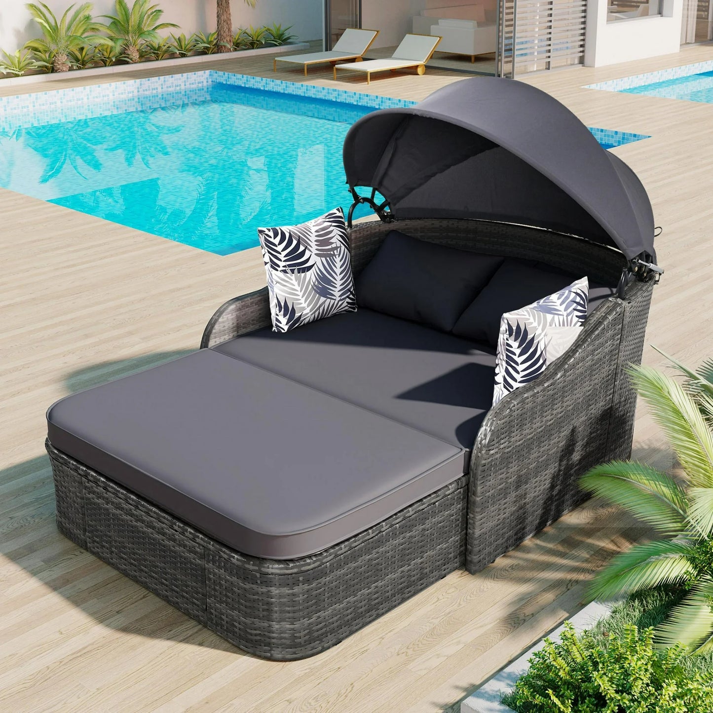 Outdoor Patio Daybed with Retractable Canopy,  Sunbed Rattan Wicker Back Patio Loveseat Sofa Set with Pillows and Cushions, Patio Furniture Set All Weather for Backyard Poolside Garden, Blue