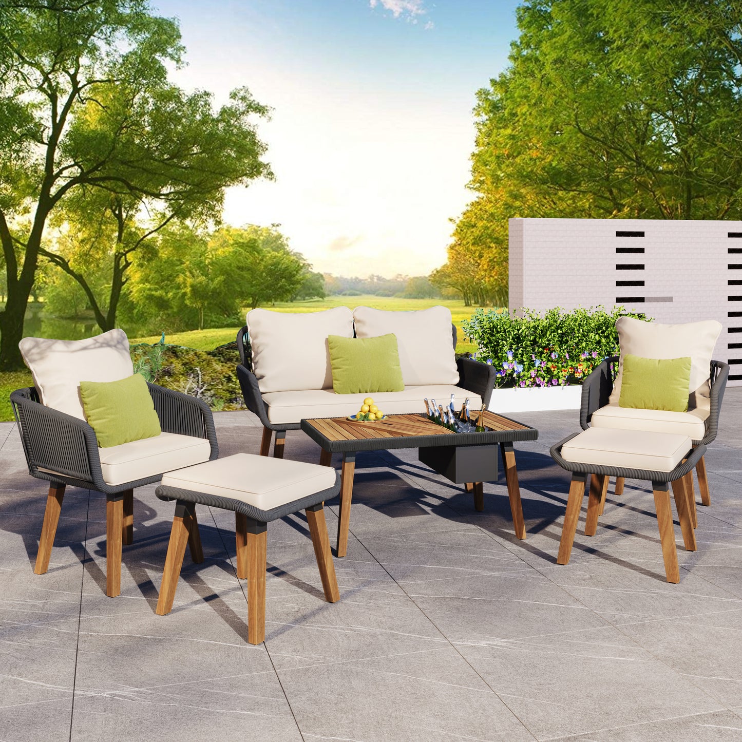 Patio Furniture Set 6 Pieces, Outdoor Sectional Bistro Table and Chairs Set with Cool Bar Table with Ice Bucket, Patio Conversation Set with Two Ottoman Stools for Balcony Backyard Porch, Beige