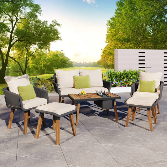 Patio Furniture Set 6 Pieces, Outdoor Sectional Bistro Table and Chairs Set with Cool Bar Table with Ice Bucket, Patio Conversation Set with Two Ottoman Stools for Balcony Backyard Porch, Beige