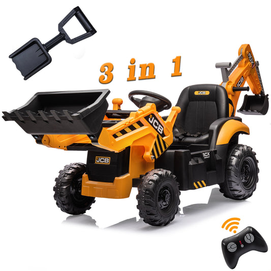 JCB Excavator Ride On & Bulldozer, 24V Battery Powered Construction Vehicles for Kids with Remote Control and Front Loader, Music Player, Backhoe Loader Ride-On Large Digger